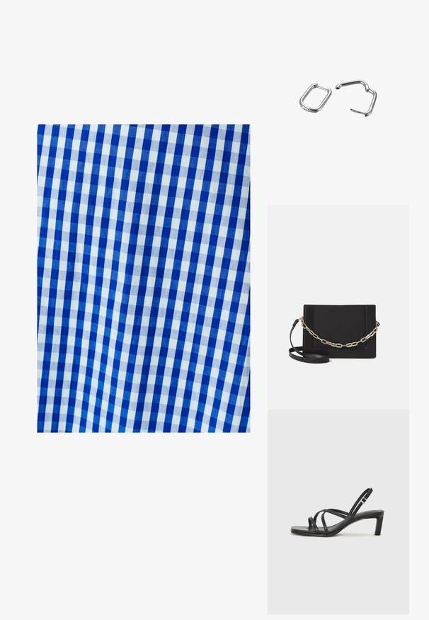 Plava i bijela vijugasta tkanina s kariranim uzorkom, koja se sastoji od ravnih kvadrata. Tekstura izgleda glatko i tkano.; Crne sandale s trakama, kvadratnim prstom i niskom blok petom. Ima više tankih trakica i podesivu trakicu oko gležnja. Izrađene su od glatke kože.; Crna kožna torba preko tijela s glatkom teksturom, pravokutnim oblikom i metalnim lancem na prednjoj strani. Uključena je podesiva naramenica.; Srebrni metalni stezaljke, jedna pravokutna i jedna ovalna, s glatkim površinama i zaobljenim rubovima. Obje imaju sjajne završne obrade i jednostavne dizajne.