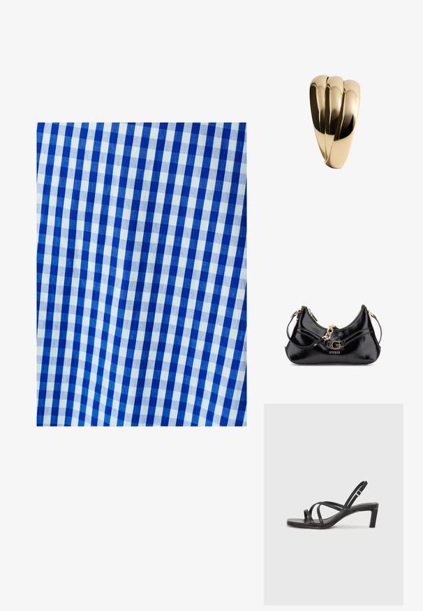 Blaue und weiße Gingham-Stoff mit einem karierten Muster, das gleichmäßige Quadrate zeigt. Die Textur wirkt glatt und gewebt.; Schwarze Sandale mit Riemchen, quadratischer Zehenform und niedrigem Blockabsatz. Verfügt über mehrere dünne Riemen und einen verstellbaren Knöchelriemen. Hergestellt aus glattem Leder.; Schwarze Lackledertasche mit geschwungenem Design, goldenen Hardware-Akzenten und einem auffälligen Logo. Inklusive abnehmbarem Schultergurt.; Mango Armband - gold-coloured