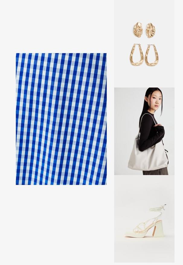 Blue and white gingham fabric with a checked pattern, featuring even squares. Texture appears smooth and woven.; White high-heeled sandal with a chunky heel, featuring a strappy design and ankle tie. Smooth texture with a platform front for added height.; Beige handbag made of soft material, featuring a slouchy design, stitched detailing, and two shoulder straps. Suitable for everyday use.; Gold-tone earrings featuring textured, wavy shapes. Includes sculptural clip-on studs and open hoop design with a hammered finish.