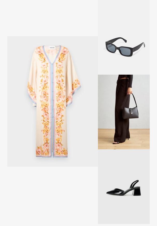 Kaftán ligero de color crema con patrones florales en rosa y amarillo. Presenta un escote en V, cierre con botones y ribete azul contrastante.; Zapatos de tacón slingback de charol negro con punta afilada y tacón geométrico en bloque. Presentan un diseño elegante y minimalista, así como una textura suave.; Gafas de sol rectangulares negras con lentes oscuros, montura de plástico grueso y patillas anchas. Superficie lisa y diseño anguloso.; Bolso negro con forma estructurada, textura suave y un cierre metálico. Combinado con pantalones anchos negros y sandalias de dedo en un suelo de madera.