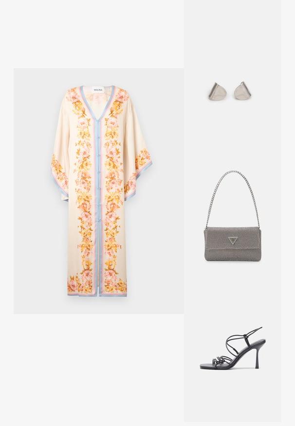 Viegls, krēmkrāsas kaftans ar ziedu motīviem rozā un dzeltenā krāsā. Ievērojama V-veida kakla, pogu priekšpuse un kontrastējoša zilā apmale.; Melnas augstpapēžu sandales ar plāniem siksniņām un mezgla dizainu, gluda kvadrātveida purngalu un elegantu stiletto papēdi.; Gaiši pelēka metāla rokassoma ar ķēdes siksnu, rotāta ar mazām apaļām metāla kniedēm un trīsstūra zīmola logo.; Sudraba metāla auskari ar gludu, asarveida formu un pulētu apdari. Smalkas gravējumi pievieno detalizāciju. Minimālisma dizains.