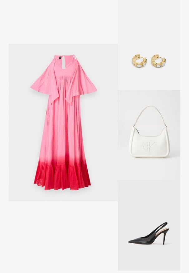 Vestido maxi em rosa degradê, transicionando de tons claros para escuros. Apresenta um decote em V, mangas largas e uma cintura franzida. Tecido texturizado.; Sapato de salto alto em pele preta, com biqueira pontiaguda, textura suave e uma tira delicada com uma fivela metálica.; Mala de mão branca em pele com uma forma curva, apresentando um logo "CK" em relevo na frente e uma alça de ombro única. Fecho com zíper na parte superior.; Brincos de argola dourados com um design texturizado e três cristais transparentes em um lado, oferecendo uma estética geométrica moderna.