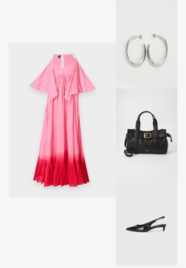 Maxikjole i gradient rosa, som går fra lyse til mørke nyanser. Har V-hals, utsvingte ermer og samlet midje. Struktureret stoff.; Sorte lærreim hæler med spiss tå, som har en slank hæl og en gullfarget detalj på den justerbare stroppen. Glatt tekstur.; Svart lærveske med en strukturert design, doble topphåndtak, gullfarget spenneakent og preget merke-logo foran.; Svart lærveske med en strukturert design, doble topphåndtak, gullfarget spenneakent og preget merke-logo foran.; Sølvøreringer med en jevn, buet design. Har en blank metallisk finish og en studlås. Ingen synlige mønstre eller aksenter.