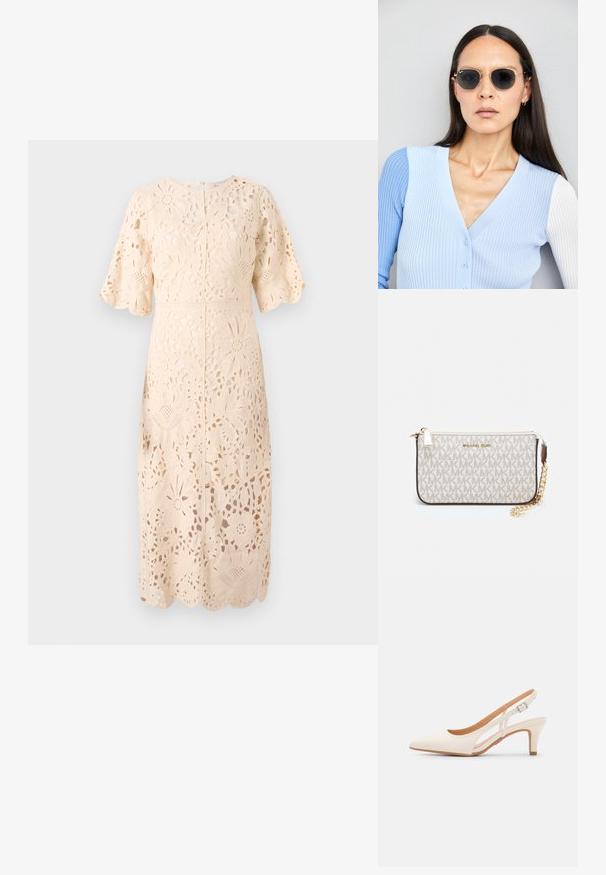 Lacekjole i myk beige med blomstermønster, korte ermer, rund hals og bølget kant, som viser frem intrikat tekstur og design.; Hvit slingback-hel med spiss tå, glatt overmateriale, lav blokkhelt, og cut-out-design på siden med justerbar spenne.; Runde solbriller med mørke linser og guldrammer. Modellen har en lyseblå, ribbet cardigan med knapper og kontrast hvide ærmer på.; Michael Kors håndleddsveske i beige belagt kanvas med et gjentakende MK-logo mønster, gullfarget maskinvare og en avtakbar kjede-rem.