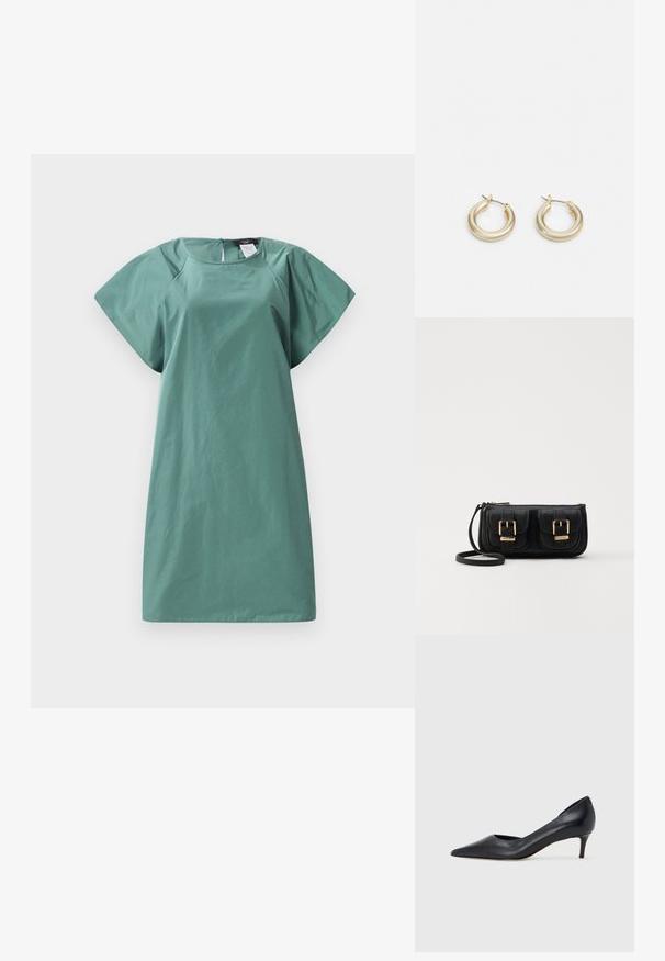 En kortermet kjole i en dempet grønn tone, med en avslappet passform, glatt tekstur og glidelås bak for lukking.; Sort lærpumps med spiss tupp og lav hæl. Har en jevn tekstur og subtil glans. Åpen utskjæring foran for ekstra detalj.; Svart skinn crossbody veske med to frontlommer, gyldne spenner, glidelåslukking og en slank stropp. Teksturert overflate og kompakt rektangulær form.; Lauren Ralph Lauren BASIC SMALL HOOP - Øredobber - gold-coloured