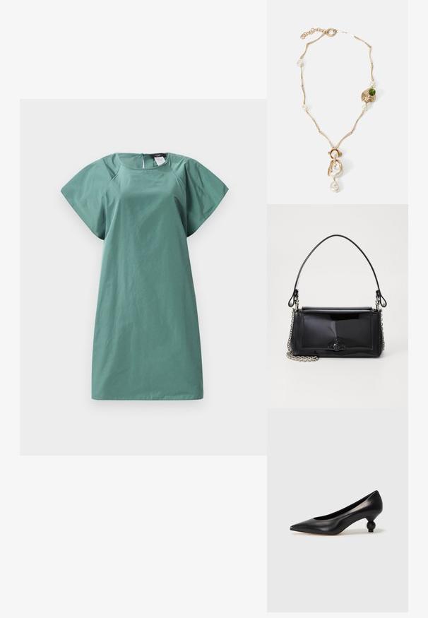 Un vestito a maniche corte in una tonalità verde tenue, con una vestibilità rilassata, una texture liscia e una cerniera sul retro per la chiusura.; Scarpa con tacco alto in pelle nera, con punta affilata e tacco arrotondato e bombato. Texture liscia con un design elegante e minimalista.; Borsa a tracolla in vernice nera con forma rettangolare, tracolla a catena e un distintivo accessorio in metallo al centro. Texture liscia.; Collana dorata con maglie attorcigliate, perle bianche e un accento di pietra verde. Presenta dettagli intricati e una chiusura per l'aggancio.