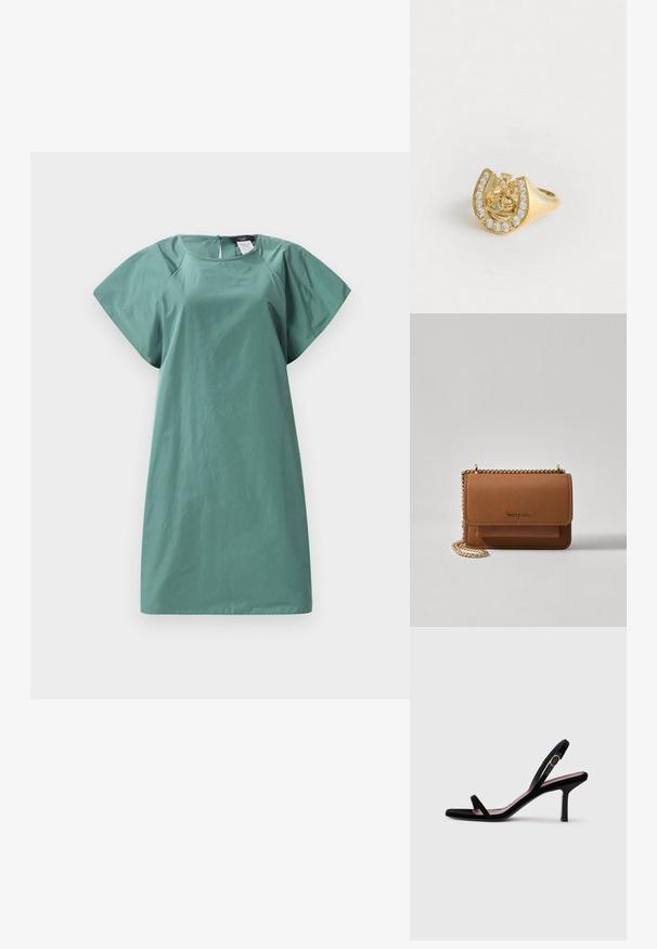 En kortärmad klänning i en dämpad grön nyans, med en avslappnad passform, mjuk textur och en dragkedja på ryggen för stängning.; Svart mocka högklackad sandal för kvinnor med smala remmar och ett guldspänne på vit bakgrund, sidosyn.; Brun texturerad läder crossbody-väska med guldkedja och klaffstängning. Framsidan har logotypdetalj och en ficka under klaffen.; Guldring med en krondesign inuti en hästsko, dekorerad med små klara ädelstenar, på en vit bakgrund.
