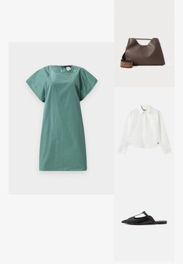 Īsām piedurknēm kleita nomierinošā zaļā tonī, ar brīvu piegriezumu, gludu tekstūru un aizmugurēju rāvējslēdzēju slēgšanai.; Balta, īsa garuma piedurkņu krekls, kas izgatavots no kokvilnas. Tam ir pogājama priekšpuse, krūšu kabata un mazs melns logo apakšējā kreisajā stūrī.; Melnas ādas slingback kurpes ar norādītu purngali, kurām ir austoša akcenta un krokota augšdaļa. Plakana zole ar minimālu aparatūru.; Brūna ādas rokassoma ar strukturētu apdari, leņķīgu dizainu un izteiksmīgu augšējo rokturi. Iespējamā rakstaina austā siksna.