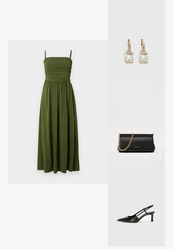 Grünes Maxikleid mit dünnen Trägern, gerafftem Oberteil und fließendem Rock. Hergestellt aus einem glatten Stoff, in einer einfarbigen Ausführung ohne Muster.; Schwarze Lack-Slingback-Pumps mit spitzem Zehenbereich, versehen mit strukturiertem Schlangenprint, verstellbarem Riemen und einem kurzen, strukturierten Blockabsatz.; Schwarze Leder-Clutch mit einer goldenen Ketten-Trage, die eine glatte Oberfläche, rechteckige Form und geprägtes Branding auf der Vorderseite aufweist.; Ohrringe in Goldfarbe mit einem rechteckigen, durchsichtigen Kristall, der unter einer Reihe kleiner, runder klarer Akzente hängt. Elegantes, modernes Design.