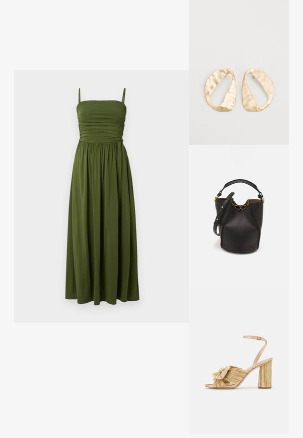 Green maxi dress with thin straps, gathered bodice, and flowing skirt. Made of a smooth fabric, featuring a solid color without patterns.; Gold heeled sandals with a knotted front, pleated texture, and an ankle strap. The block heel has a ribbed design, enhancing grip.; Black leather bucket bag with a textured finish, gold hardware accents, and an open top. Features a short handle and adjustable shoulder strap.; Pair of irregular oval-shaped gold-toned metal earrings with a textured, slightly hammered surface on a white background.