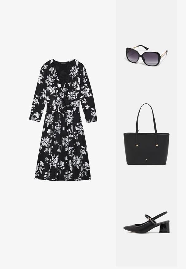 Melnā ziedu kleita ar garām piedurknēm, ar sudraba ziedu rakstiem, V-veida izgriezumu un jostu viduklī. Mīksta auduma, plūstoša svārku daļa.; Melns patentēts ādas sandales ar norādīta pirksta formu, noapaļotu izgriezuma dizainu un bloķētu papēdi. Iezīmēta ar zelta toņa sprādzi.; Melni pārmērīgi lieli saulesbrilles ar gradāciju lēcām, biezām rāmja malām un zeltainas krāsas ķēžu detaļām uz tempļiem.; Melnā somiņa, kas izgatavota no sintētiska materiāla, ar vienkāršu taisnstūra formu, zelta kvadrātveida akcentiem un divām rokturiem.