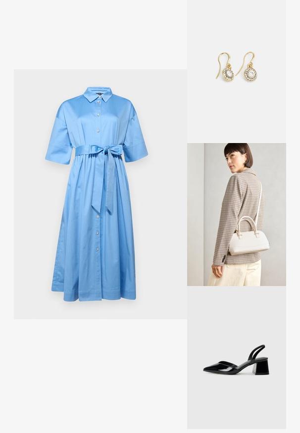 Světle modré šaty s knoflíkovým zapínáním, krátkými rukávy, páskem v oblasti pasu a plnou sukní. Vyrobeny z hladkého materiálu s lesklými knoflíkovými detaily.; Černé lakované kožené lodičky na pásku s špičatou špičkou a geometrickým blokovým podpatkem. Vyznačují se elegantním, minimalistickým designem a hladkým povrchem.; Bílá strukturovaná kabelka s krátkými uchy a ramenním popruhem, zdobená zlatými kovovými prvky a texturovaným materiálem, vystavená na šedém pozadí.; Náušnice ve zlatém tónu s oválnými průhlednými krystaly obklopenými menšími průhlednými kameny, se zapínáním na háček pro bezpečné nošení.