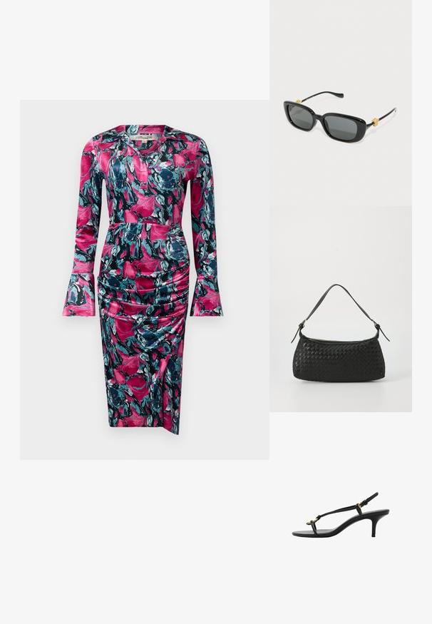 Diane von Furstenberg ZANE DRESS - Koktejlové šaty / šaty na párty - indian pink; Černé kožené sandály na kotníkovém podpatku s tenkými pásky, zlatou sponou a minimalistickým provlečením na prstech na bílém pozadí.; Černé obdélníkové sluneční brýle se šedými čočkami a zlatými akcenty ve tvaru lví hlavy na stranách. Hladký plastový rám, elegantní design.; Černá tkaná taška přes rameno s hladkým koženým popruhem a uzavíráním na zip. Dispozice obsahuje texturovaný povrch a zakřivený tvar.