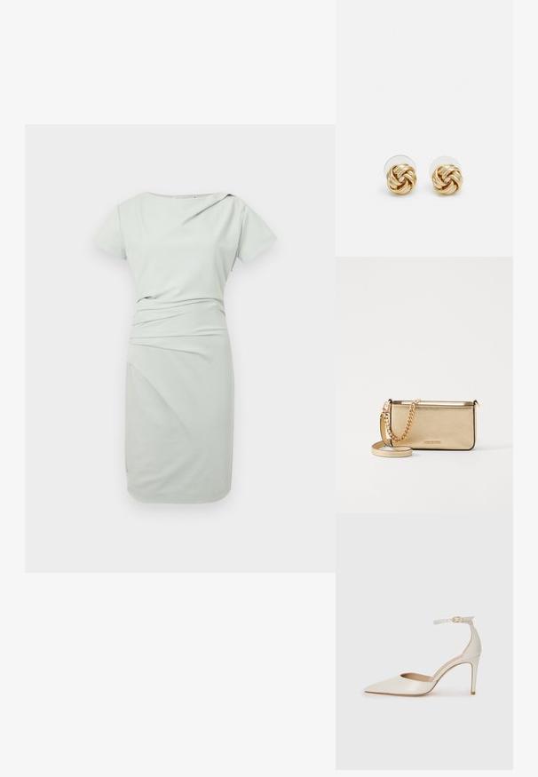 Svetlozelené šaty po kolená s krátkymi rukávmi, asymetrickým výstrihom a jednoduchým nariasením na páse.; Biele kožené topánky na vysokom podpätku s špicatou špičkou, remienkom okolo členka a štíhlym stiletto podpätkom. Hladký povrch s jemným lesklým povrchom.; Metalická zlatá kožená kabelka so štruktúrovaným povrchom, vybavená zlatým reťazovým popruhom a odnímateľným ramenným popruhom. S logom značky vytlačeným na povrchu.; Náušnice s uzlom v zlatej farbe s prekrúteným dizajnom. Každá náušnica má kruhové priehľadné pozadie pre bezpečné nosenie.