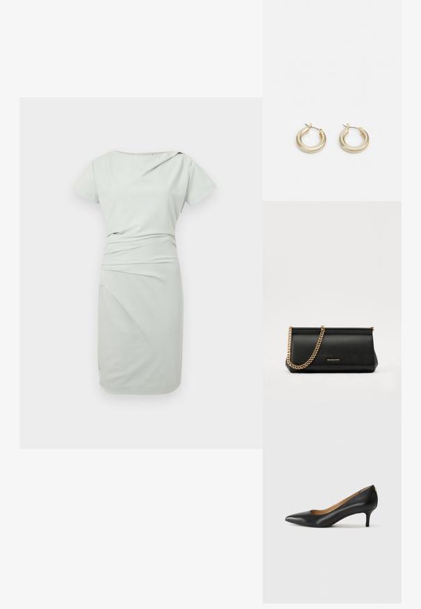 Svetlozelené šaty po kolená s krátkymi rukávmi, asymetrickým výstrihom a jednoduchým nariasením na páse.; Čierny kožený podpatek s špicatou špičkou, nízkym opätkom a hladkým povrchom. Obsahuje mierne otvorenie vpredu a minimálne kovové detaily na zadnej strane.; Čierna kožená kabelka s retiazkou zo zlata, so hladkou textúrou, obdĺžnikovým tvarom a embosovaným logom na prednej strane.; Lauren Ralph Lauren BASIC SMALL HOOP - Náušnice - gold-coloured