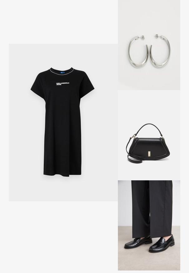 Czarna sukienka T-shirt z krótkimi rękawami, okrągłym dekoltem i białym napisem logo. Wykonana z miękkiego materiału o luźnym, swobodnym kroju.; Czarne skórzane loafersy o gładkim wykończeniu, z haftowanym detalem wokół palców oraz niską gumową podeszwą. W zestawieniu z szerokimi czarnymi spodniami.; Czarna skórzana torebka o strukturalnym designie, z przyciętą formą, górnym uchwytem i złotymi akcentami. W zestawie regulowany pasek na ramię.; Srebrne kolczyki-hoop o gładkim, zakrzywionym designie. Posiadają błyszczące metaliczne wykończenie i zapięcie na sztyft. Brak widocznych wzorów lub akcentów.