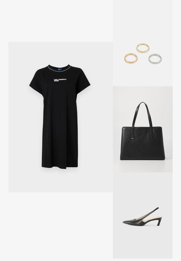 Czarna sukienka T-shirt z krótkimi rękawami, okrągłym dekoltem i białym napisem logo. Wykonana z miękkiego materiału o luźnym, swobodnym kroju.; Czarny but na obcasie typu slingback z ostro zakończonym noskiem, z niskim obcasem, wykonany z gładkiej skóry, z wycięciem po boku dla lepszej wentylacji.; Czarna skórzana torba typu tote z dwoma długimi uchwytami, prostokątnym kształtem, teksturowaną powierzchnią i minimalistycznym designem. Brak widocznych elementów metalowych lub akcentów.; Trzy metalowe pierścienie: jeden w różowym złocie, jeden złoty z teksturowanymi akcentami, oraz jeden srebrny, wszystkie z wygrawerowanym brandingiem na wewnętrznej stronie.