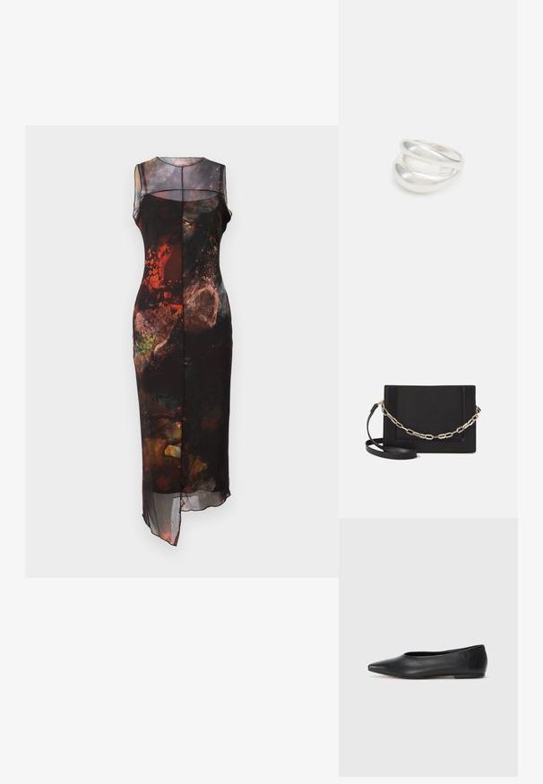 Must, millevarviliste abstraktsete mustritega, õlavarste avatud disainiga, läbipaistva kattega ja asümmeetrilise hemline'iga.; Musthave mustris balletkingad, terav nina, minimaliseeritud disain, sile pind, madal konts, ilma nähtava riistvara või kaunistusteta.; Mustast nahast õlakott, mis omab siledat tekstuuri, ristküliku kuju ning esiküljel metallketi detaili. Reguleeritav rihm on kaasas.; Hõbedane kahekordne rõngas sujuva, poleeritud pinnaga. Omab voolavat, kõverat disaini, millel on kattuvad sektsioonid, et saavutada kaasaegne ilme.