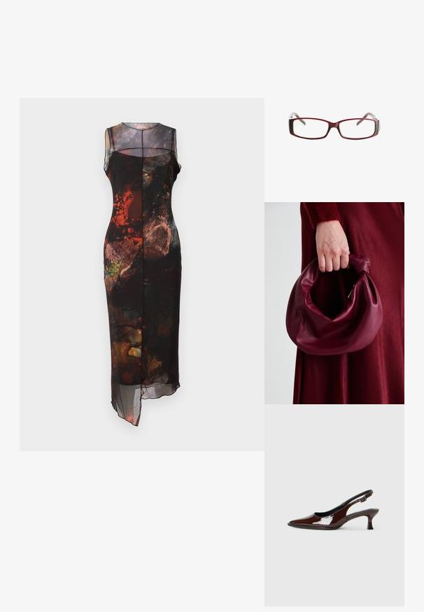 Crna haljina bez rukava, s višebojnim apstraktnim uzorcima, prozirnim slojem i asimetričnom rubom.; Smeđe patentne kožne cipele s otvorenom petom, špicastim vrhom i umjerenom petom. Imaju remen s kopčom za sigurno pristajanje. Glatka tekstura.; Crvene pravokutne naočale s elegantnim dizajnom. Prozorne leće, blago prozirne drške i gradijentni efekt od crvene do sive.; Bordo kožni ruksač s mekim, naboranim dizajnom i zaobljenim oblikom. Ručka je sigurno pričvršćena, pokazujući glatku teksturu.