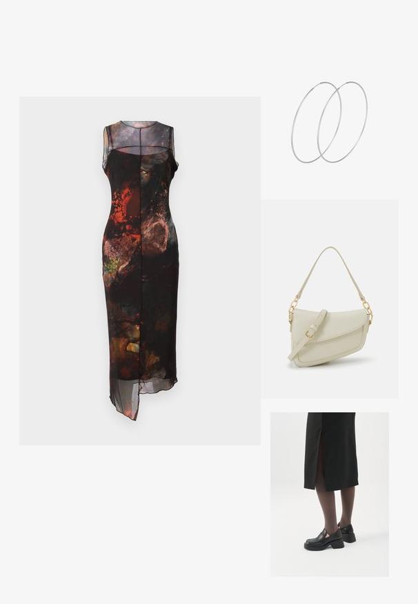 Czarna sukienka bez rękawów, z wielokolorowymi abstrakcyjnymi wzorami, przezroczystą warstwą i asymetrycznym dołem.; Czarne skórzane buty z okrągłym noskiem, grubym blokowym obcasem i elastycznymi akcentami po bokach, zestawione z ciemnymi rajstopami i czarną spódnicą z rozcięciem.; Mała torebka w kolorze kremowym z teksturowanym wykończeniem, długim regulowanym paskiem, akcentem z łańcucha oraz zapięciem na klapkę. Wykończenia w kolorze złotym.; Srebrne kolczyki w formie obręczy o minimalistycznym designie. Okrągły kształt, gładka faktura i cienki profil. Lekkie, z polerowanym wykończeniem.