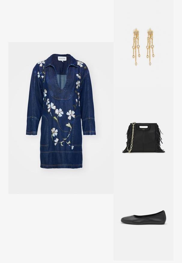 MUNTHE FIVA - Farkkumekko - indigo; Musta nahkainen ballerina, jossa on pyöristetty kärki, sileä pinta, minimaalinen ommelkoristelu ja joustava pohjamuotoilu.; Musta nahkakäekott, millel on frantsiisidetailid, kuldne õlgade rihm ja lõikega käepide. Ees on logo paigutus.; Kultaketjua roikkuvat korvakorut, joissa on useita putoavia ketjuja, ja selkeitä ovaaleja rhinestone-akselteja sekä koristeelliset niittitoppaukset.