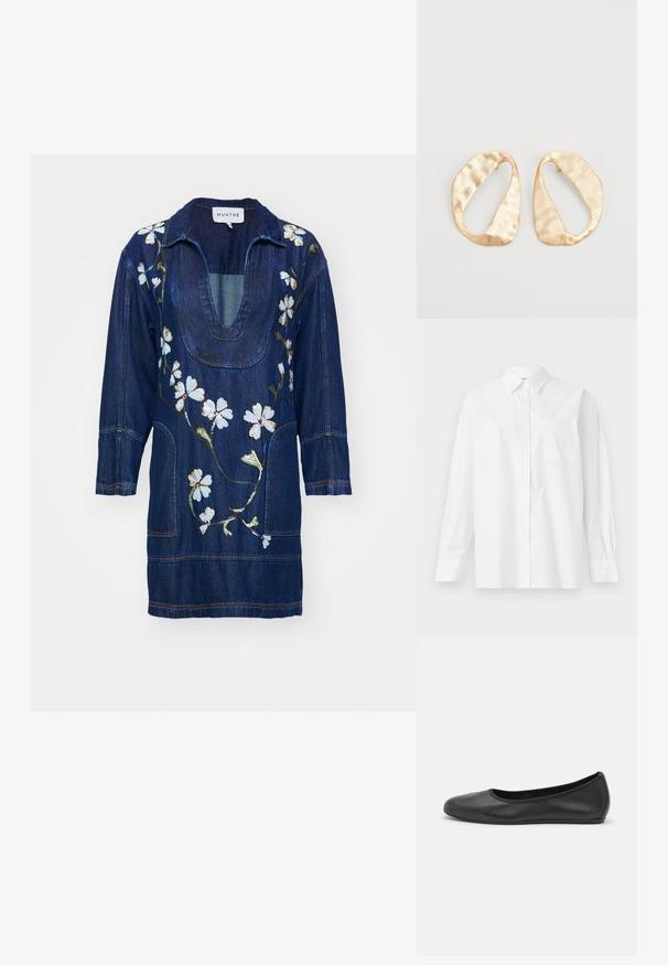 MUNTHE FIVA - Farmerruha - indigo; Fehér, hosszú ujjú pamut ing klasszikus gallérral, gombos záródással és egyetlen zsebbel a bal oldalon.; Fekete bőr balettcipő lekerekített orral, sima tekstúrával, minimális varrással és rugalmas talp kialakítással.; Egy pár szabálytalan, ovális formájú, aranyszínű fém fülbevaló, enyhén kalapált felülettel, fehér háttéren.