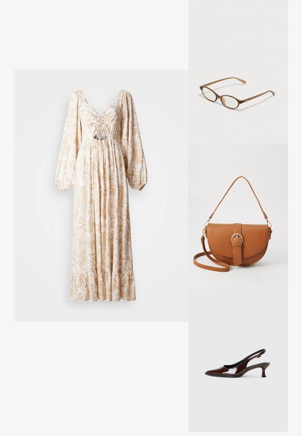 Robe longue à manches bouffantes en beige avec un motif floral blanc, présentant une taille froncée, un avant à lacets et un ourlet volanté.; Chaussure slingback en cuir verni marron avec un bout pointu et un talon modéré. Elle est dotée d'une sangle à boucle pour un ajustement sécuritaire. Texture lisse.; Lunettes en écaille de tortue marron avec des verres ovales, des branches fines et des accents transparents. Présente un logo subtil sur la branche. Design élégant et léger.; Sac bandoulière en cuir marron avec une forme incurvée, quincaillerie dorée et un accent en boucle. Comprend une bandoulière détachable.