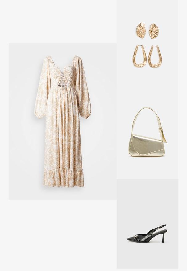 Robe longue à manches bouffantes en beige avec un motif floral blanc, présentant une taille froncée, un avant à lacets et un ourlet volanté.; Chaussure slingback en cuir verni noir avec un embout pointu, des brides de cheville avec des boucles en argent et des éléments en métal, et un talon fin.; Sac à main en métal doré avec un design structuré, texture lisse et bandoulière ajustable. Présente une forme triangulaire unique et des coutures minimalistes.; Boucles d'oreilles dorées présentant des formes texturées et ondulées. Comprend des clips sculpturaux et un design de créoles ouvertes avec une finition martelée.