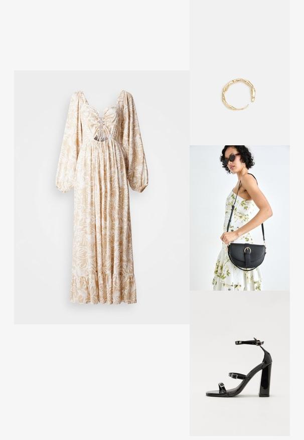 Garšs kleitas modelis ar pūkainām piedurknēm, krēmkrāsā ar baltu ziedu rakstu, ar izsistām vidukļa daļām, aukliņu priekšpusi un viļņotu apakšmalu.; Melnas lakotas augstpapēžu čības ar kvadrāta purngalu, potīšu siksniņām un sudraba sprādzēm. Aprīkotas ar masīvu bloku papēdi stabilitātei.; Melnas ādas rokassoma ar izliekta formu, noņemamu siksnu un zelta aksesuāriem. Somai ir vāciņš ar sprādzes detaļu.; Zelta toņa gredzens ar organisku, vērptu dizainu, gludu virsmu un sašaurinātiem galiem, radot mūsdienīgu, skulpturālu izskatu.