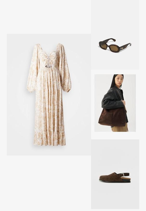Pikkade puffvarrukatega beezhi kleit, millel on valge lillemuster, kogutud vöökoht, nööpidega avatud esikülg ja volangiga lõpp.; Pruunid nahast libisemisega kingad madala kontsaga, reguleeritav rihm hõbedase klambriga ja must kummitald.; Kilpkonnakuued päikeseprillid ovaalsete raamidega, pruunide toonitud läätsedega ning "Chloé" brändinguga varrel. Sile plastikmaterjal läikiva viimistlusega.; Pruun suede totes kott laia kujuga ja pehme tekstuuriga, millel on üks rihm ja minimaalne riistvara neutraalses taustas.