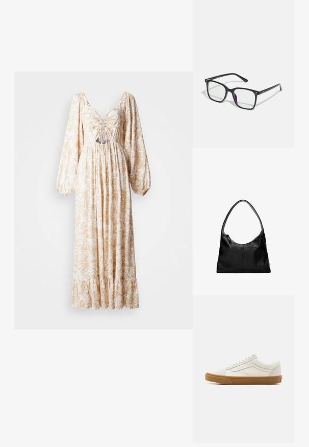 Hosszú, puffos ujjú bézs ruha fehér virágmintával, fröccsöntött derékkal, fűzős elülső résszel és fodros alsó résszel.; Fehér vászon, alacsony szárú sportcipők, gumírozott talppal, kerek orral, fűzős záródással és oldalsó bőrcsíkos részletekkel.; Fekete, téglalap alakú szemüveg világos lencsékkel, arany díszítésekkel a kereten és enyhe lila árnyalattal az egyik lencsén.; Fekete bőr válltáska sima textúrával, ívelt tetővel és egyetlen pánttal. Cipzáras záródással és minimalista dizájnnal rendelkezik.