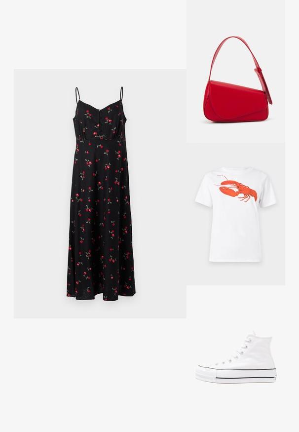 Musthave mustakate lilleline kleit, millel on reguleeritavad õlapaelad, nupuline eesmine osa ja kangal punaste rooside ja roheliste lehtede muster.; Valge puuvillane T-särk, mille ees on suur erkpunane homaarigraafika. Lühikesed varrukad ja tavaline ümar kaelus.; Valge kõrgem kangast tenniseking, millel on must kummist tald, ees kummist varvasetugi ja kuus aukku paelte jaoks, pakkudes puhta ja minimalistliku disaini.; Punane nahast käekott, millel on nurkadega geomeetriline disain. Omab ühte reguleeritavat rihma ja klappidega sulgemist, millel on õmblustega kaunistused.