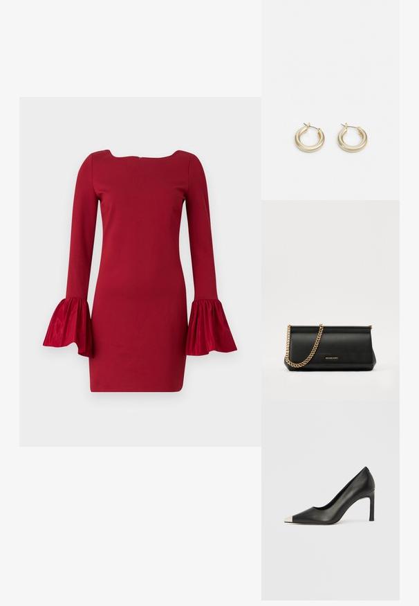 Vestido rojo de manga larga con escote barco y puños acampanados con volantes. Está confeccionado con una tela suave y presenta una silueta ajustada.; Zapato de tacón alto de cuero negro con punta en forma de pico y una tapa metálica plateada. Presenta un acabado suave y un tacón delgado de 10 cm.; Cartera de mano de piel negra con una correa de cadena dorada, que presenta una textura suave, forma rectangular y un logotipo en relieve en la parte frontal.; Lauren Ralph Lauren BASIC SMALL HOOP - Pendientes - gold-coloured