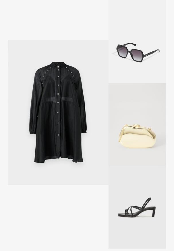 Črna srajčna obleka, dolgi rokavi, prosojna tekstura, z značilnimi srebrnimi okrasnimi kroglicami vzdolž ramen in sproščenim krojem s ukrivljenim robom.; Črne natikače s trakovi in kvadratnim prstom ter nizkim blokastim peto. Imajo več tankih trakov in nastavljiv trak okoli gležnja. Narejene so iz gladkega usnja.; Črne heksagonalne sončna očala z gradientnimi lečami, s sijočo površino in diskretnim logotipom na robu. Trajna plastična zasnova.; Metalna zlata torbica z gladko, zaobljeno obliko, opremljena z zgornjim gumbom in majhnim verižnim ročajem za nošenje.