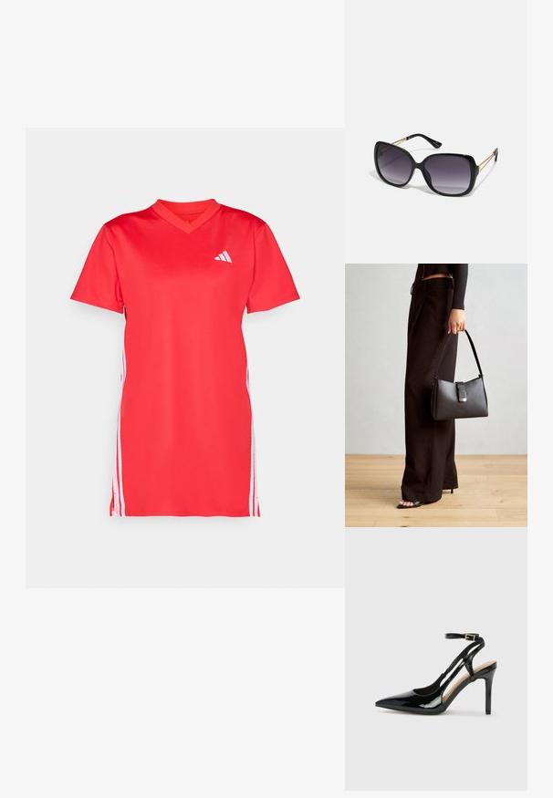 Red sports dress with short sleeves, V-neck, made of smooth material; features white side stripes and a small white logo on the chest.; Black patent leather high-heeled slingback shoe with pointed toe, adjustable ankle strap, and open sides. Smooth texture.; Black oversized sunglasses with gradient lenses, thick frames, and gold-tone chain detailing on the temple arms.; Black handbag with structured shape, smooth texture, and a metallic clasp. Paired with wide black pants and open-toe sandals on wooden floor.