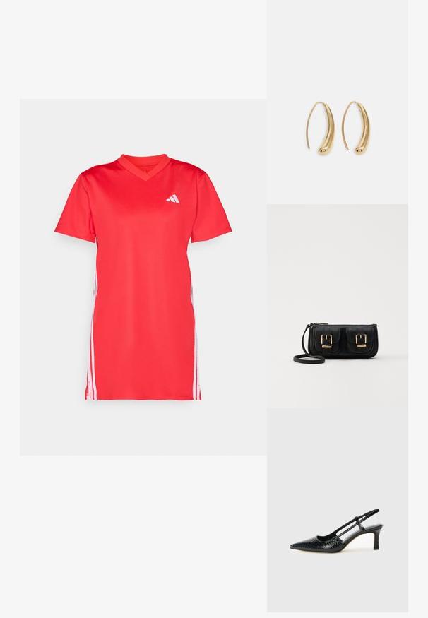 Punainen urheiluasu, jossa on lyhyet hihat, V-pääntie, valmistettu sileästä materiaalista; siinä on valkoiset sivusuorat ja pieni valkoinen logo rinnassa.; Musta patent slingback-kiilakorko teräväkärkisellä muotoilulla, jossa on teksturoitu käärmeennahkakuosi, säädettävä remmi ja lyhyt, teksturoitu blokkiheel.; Musta nahkainen olkalaukku, jossa on kaksi etutaskua, kultaiset soljet, vetoketjukiinnitys ja kapea hihna. Teksturoidun pinnan ja kompaktin suorakaiteen muoto.; Korvakorut kultasävytteistä metallista, joissa on kaareva, pitkänomainen muoto. Ominaisuuksiin kuuluu sileä, kiiltävä pinta ja pyöreä kärki lisäyksinä.