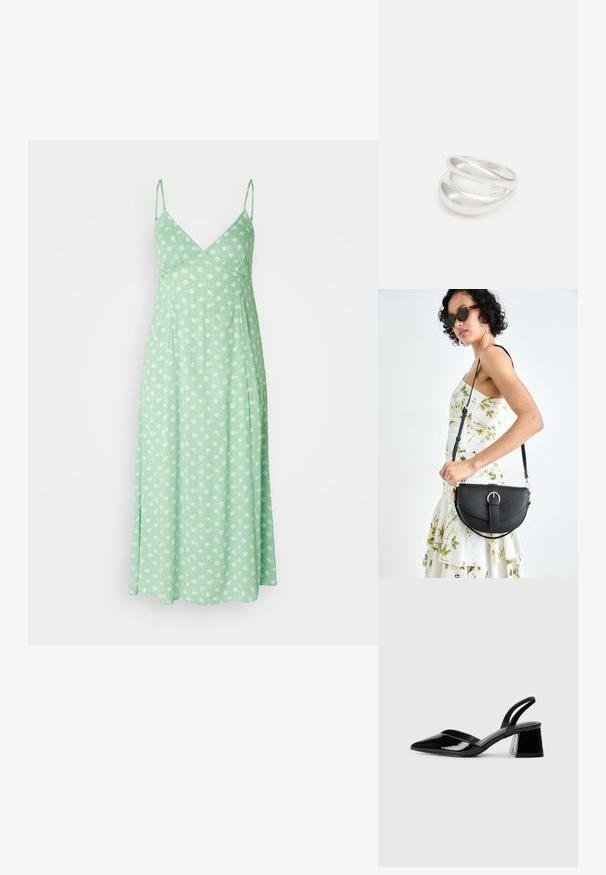 Gaiši zaļa kleita, kas izgatavota no mīksta auduma, ar regulējamiem spageti plecu strapjiem un ziedu rakstu ar baltām puķēm. A-līnijas siluets.; Melna lakota āda ar atvērto papēdi, ar smailu purngalu un ģeometrisku blokpapēdi. Iezīmējas elegants, minimāls dizains un gluda tekstūra.; Melnas ādas rokassoma ar izliekta formu, noņemamu siksnu un zelta aksesuāriem. Somai ir vāciņš ar sprādzes detaļu.; Sudraba divu joslu gredzens ar gludu, pulētu virsmu. Iezīmējas ar plūstošu, izliekta dizaina struktūru ar pārklājošām sekcijām modernam izskatam.