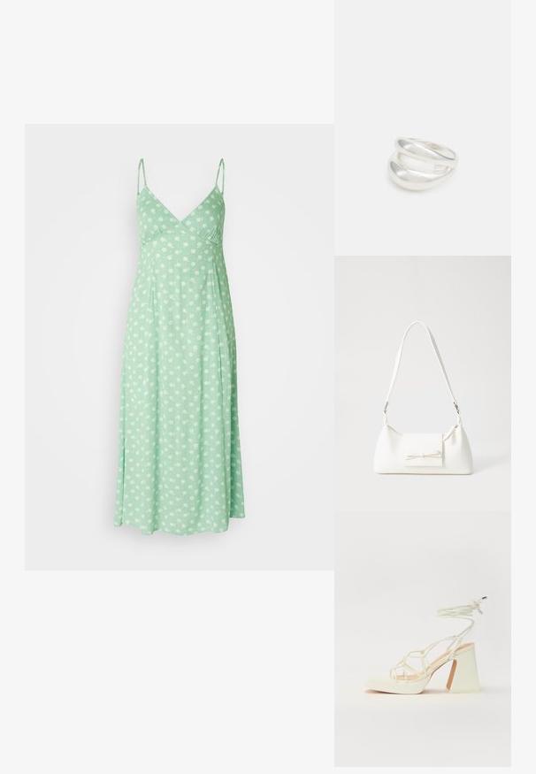 Hellgrünes Kleid aus einem weichen Stoff, mit verstellbaren Spaghettiträgern und einem floralen Muster mit weißen Blumen. A-Linie-Silhouette.; Weiße High-Heel-Sandale mit einem klobigen Absatz, die über ein Riemchendesign und ein Knöchelband verfügt. Glatte Textur mit einer Plattform vorne für zusätzliche Höhe.; Weiße synthetische Handtasche in dreieckiger Form, flache Vorderklappe und Schleifendetail, verstellbarer Trageriemen, glatte Textur und minimalistisches Design.; Silberner Doppelring mit einer glatten, polierten Oberfläche. Verfügt über ein fließendes, kurviges Design mit überlappenden Abschnitten für einen modernen Look.
