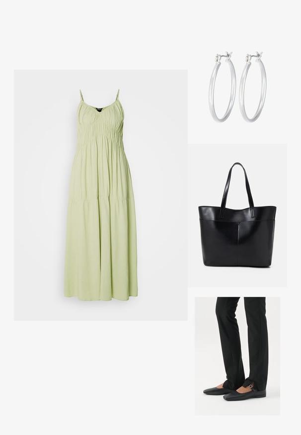 Svetlozelené dlhé šaty s tenkými ramienkami, s naťahovaným korzetom a splývavou sukňou. Vyrobené z jemnej látky s hladkou štruktúrou.; Čierne kožené baletky s špicatou špičkou, remienkom so striebornou prackou, skombinované s čiernymi strihovými nohavicami so rozparkom na leme.; Čierna kožená tote taška s dvoma dlhými rúčkami, hladkým povrchom a štruktúrovaným tvarom. Obsahuje prednú kapsu pre dodatočné uskladnenie.; Strieborné kruhové náušnice s hladkým, lesklým povrchom. Kolový tvar a bezpečné klikanie na uzatváranie. Ľahký dizajn vhodný na každodenné nosenie.