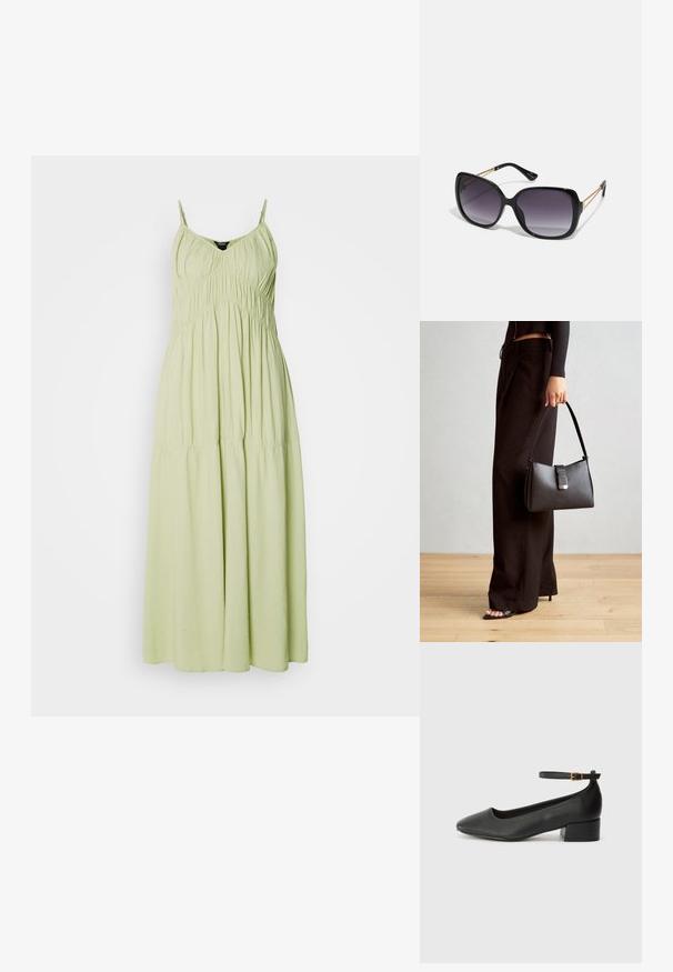 Svetlozelené dlhé šaty s tenkými ramienkami, s naťahovaným korzetom a splývavou sukňou. Vyrobené z jemnej látky s hladkou štruktúrou.; Čierne kožené lodičky s špicatou špičkou a nízkym blokovým podpätkom. Obsahuje remienok okolo členka so zlatým prackou. Hladký povrch.; Čierne oversized slnečné okuliare s gradientovými sklíčkami, hrubými rámami a zlatým retiazkovým detailom na stranách.; Čierna kabelka so štruktúrovaným tvarom, hladkou textúrou a kovovou sponou. V kombinácii so širokými čiernymi nohavicami a sandálmi s otvorenou špičkou na drevenej podlahe.