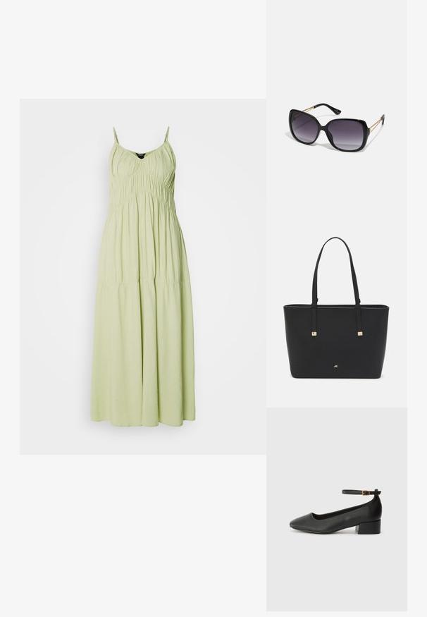 Kerge roheline pikk kleit õhukeste rihmadega, kokku tõmmatud büst, ja voolav seelikuosa. Valmistatud pehmest kangast, millel on sile tekstuur.; Must mustaapp, millel on terav nina ja madal blokk-kand. Omab pahkluu rihma koos kuldse tooni pandlaga. Sile tekstuur.; Mustad ümarad päikeseglaasid, millel on gradient objektiivid, paksud raamid ja kuldse tooni kettaga kaunistused tempelitel.; Must musträkk, mis on valmistatud sünteetilisest materjalist, lihtsa ristkülikukujulise disainiga, kuldsete ruudukujuliste rõhutustega ja kahe käepidemega.