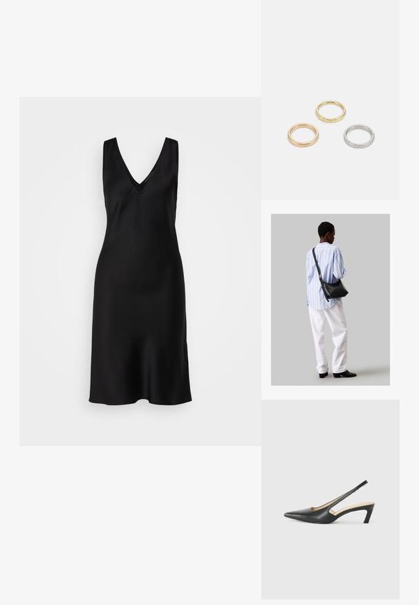 Černé bezramínkové šaty s hlubokým výstřihem do V, hladkým saténovým povrchem a volným střihem, který se mírně zužuje k lemování.; Černý špičatý slingback s nízkým podpatkem, vyrobený z hladké kůže, s výřezem na boku pro lepší prodyšnost.; Černá kožená kabelka přes rameno s jemnou texturou, trojúhelníkovým tvarem a nastavitelným popruhem, v kombinaci se světle modrou pruhovanou košilí a bílými kalhotami.; Tři kovové prsteny: jeden růžově zlatý, jeden zlatý s texturovanými detaily a jeden stříbrný, všechny s vyrytým brandingem na vnitřním boku.