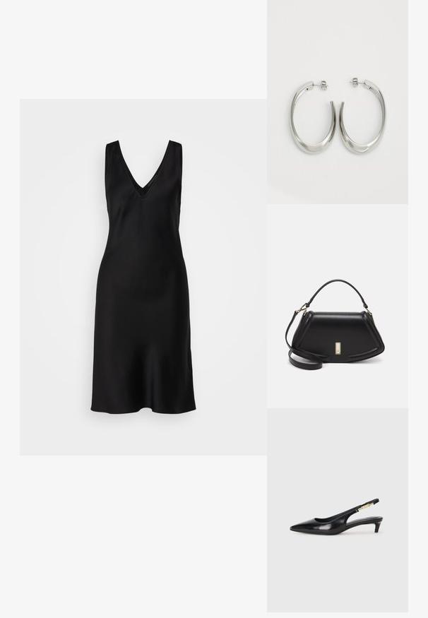 Schwarz ärmelloses Kleid mit tiefem V-Ausschnitt, glattem Satinmaterial und lockerer Passform, das sich am Saum leicht verjüngt.; Schwarze Leder-Slingback-Pumps mit spitzem Schuhblatt, ausgestattet mit einem schlanken Absatz und einem goldfarbigen Akzent am verstellbaren Riemen. Glatte Textur.; Schwarze Lederhandtasche mit einem strukturierten Design, das eine verkürzte Form, einen oberen Griff und goldfarbene Hardware-Details aufweist. Verstellbarer Schulterriemen ist enthalten.; Silberne Creolen mit einem glatten, geschwungenen Design. Mit einem glänzenden metallischen Finish und Steckverschluss. Keine sichtbaren Muster oder Akzente.