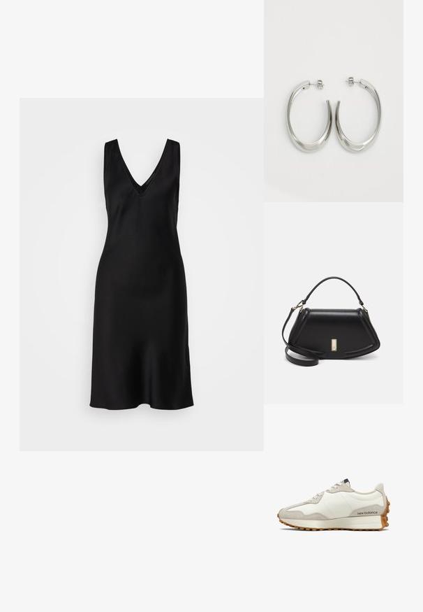 Svart ermeløs kjole med dyp V-hals, glatt satins tekstur og en avslappet passform som smalner litt inn ved kanten.; Hvit og beige sneakers med en glatt skinnøvre, semsket detaljer, rund tå og en teksturert gummisåle. Merkenavn trykket på siden.; Sort lærveske med en strukturert design, som har en avkortet form, topphåndtak og detaljer i gull. Justerbar skulderstropp inkludert.; Sølvøreringer med en jevn, buet design. Har en blank metallisk finish og en studlås. Ingen synlige mønstre eller aksenter.