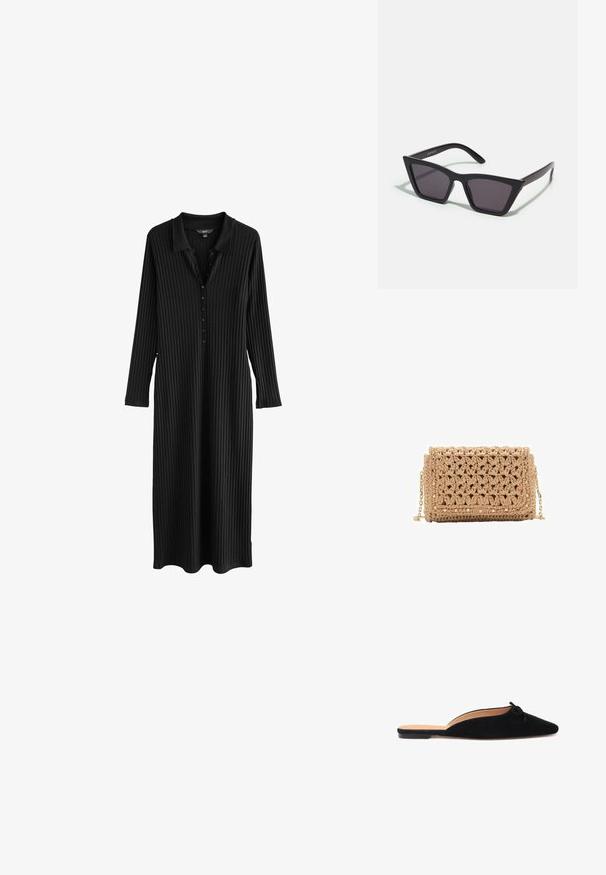 Next COLLAR DETAIL TALL - REGULAR FIT - Maxikleid - black; Schwarze Wildlederschlupfschuhe mit einer spitzen Zehe und einer kleinen dekorativen Schleife auf dem Vorderblatt, mit einer flachen Sohle und offener Ferse.; Schwarze, eckige Sonnenbrille mit grauen Gläsern; aus Kunststoff gefertigt, mit dicken Bügeln, die eine glatte Oberfläche und keine sichtbaren Beschläge haben.; Häkelbeutel in hellem Beige, mit einem strukturierten Muster. Goldene Kettenriemen, mit dekorativen Nieten entlang der Kanten für zusätzliche Details.