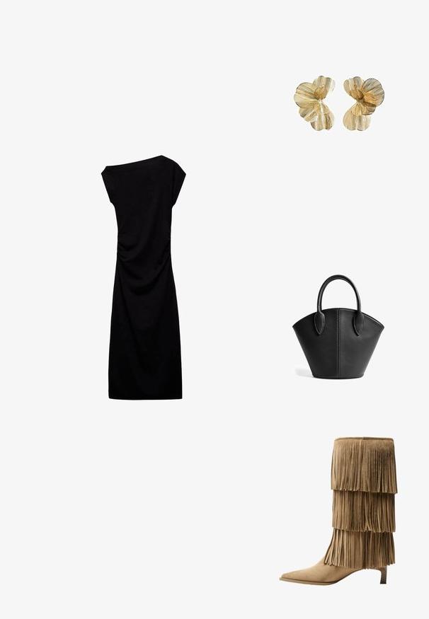 Čierna šaty po kolená vyrobené z jemného materiálu, s off-the-shoulder výstrihom, krátkymi rukávmi a zhromaždenými detailmi po stranách.; Krajkové členkové topánky z hnedej semišovej kože s tromi vrstvami franje. Špicatá špička a nízky blokový podpätok. Hladká štruktúra po celej ploche.; Čierna kožená taška na rameno s ostrým tvarom, zakrivenými rukoväťami a viditeľnými stehovými detailmi na okrajoch a dizajne.; Náušnice vtvárené do tvaru kvetu z pozláteného kovu, s vrstvenými lupienkami, ktoré majú textúrovaný povrch a stredový detail v podobe korálky.