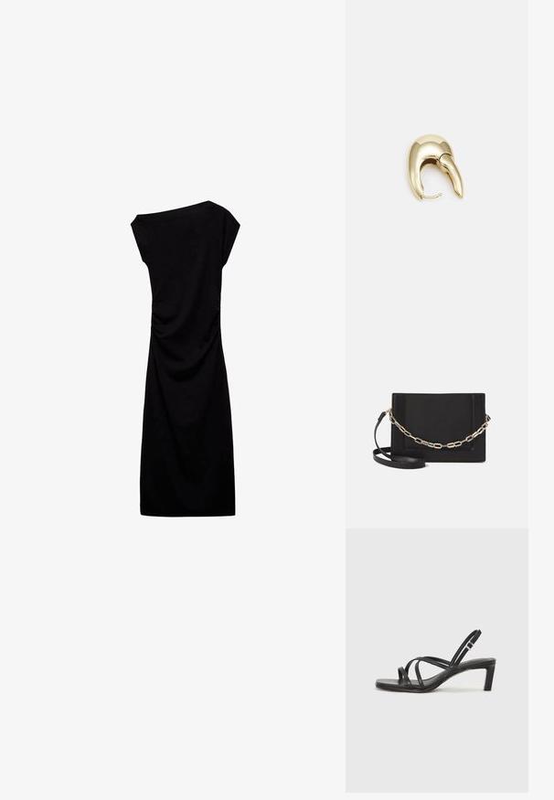 Czarna sukienka do kolan uszyta z miękkiego materiału, z dekoltem odkrywającym ramiona, krótkimi rękawami i marszczeniem z boku.; Czarne sandały na obcasie z prostokątnym noskiem i niskim słupkowym obcasem. Posiadają wiele cienkich pasków i regulowany pasek na kostkę. Wykonane z gładkiej skóry.; Czarna skórzana torebka typu crossbody z gładką teksturą, prostokątnym kształtem oraz metalowym detalem w postaci łańcuszka z przodu. W zestawie regulowany pasek.; Złote metalowe kolczyki o eleganckim, zakrzywionym kształcie. Posiadają charakterystyczny szpiczasty kształt, polerowaną powierzchnię oraz zapięcie na zawias.