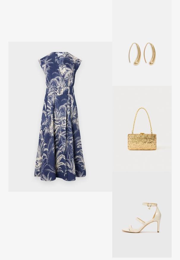 Mørkeblå kjole med tropisk palmeprint, kortermede ermer og belte i livet. Laget av teksturert stoff, har en utsvingt skjørt.; Beige høyhælte sandaler med tynn ankelstropp og to stropper over. Glanset lakkfinish og detaljer i gull på ankelstroppen.; Gullfarget paljetter clutch med rektangulær form, utstyrt med en tvunnet kjedehåndtak og en metallspenne, som reflekterer lys med en teksturert overflate.; Gullfargede metalløredobber med en buet, forlenget form. Har en jevn, blank overflate og en avrundet tupp for ekstra detaljer.
