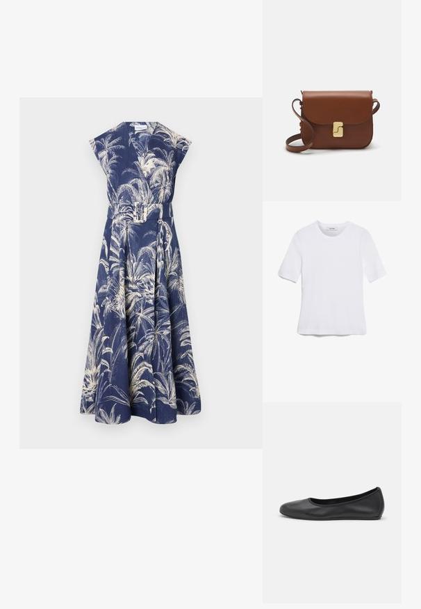 Navyblaues Kleid mit tropischem Palmenmuster, kurzen Ärmeln und tailliertem Gürtel. Aus strukturiertem Stoff gefertigt, besitzt es einen ausgestellten Rock.; Weißes kurzärmliges T-Shirt aus geripptem Stoff. Runder Halsausschnitt, normale Passform und dezente Nähte. Keine Muster oder Grafiken.; Schwarze Leder-Ballettschuhe mit abgerundeter Spitze, glatter Textur, minimalen Nähdetails und einem flexiblen Sohlen-Design.; Braune Ledertasche mit Klappenverschluss, Beschlägen in Goldfarbe, einem Schultergurt und einer glatten Oberfläche. Kompakte rechteckige Form.