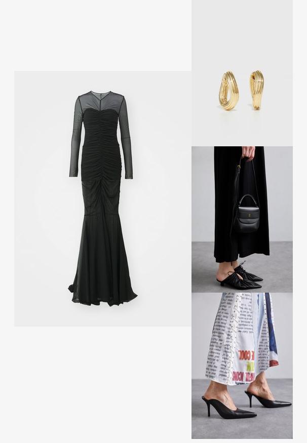 Norma Kamali VNECK SHIRRED FRONT FISHTAIL GOWN DRESS - Vestido de fiesta - black; Mules de cuero negro con punta afilada y tacón de aguja, combinados con una prenda blanca con estampado que presenta detalles de cordones.; Pequeña bolsa de cuero negra con forma redondeada, asa superior y correa desmontable. Llevada con un vestido de tela negra y zapatos plisados negros.; Pendientes de aro en tono dorado con un diseño retorcido, que presentan una textura estriada y un acabado suave. Construcción ligera y hueca.